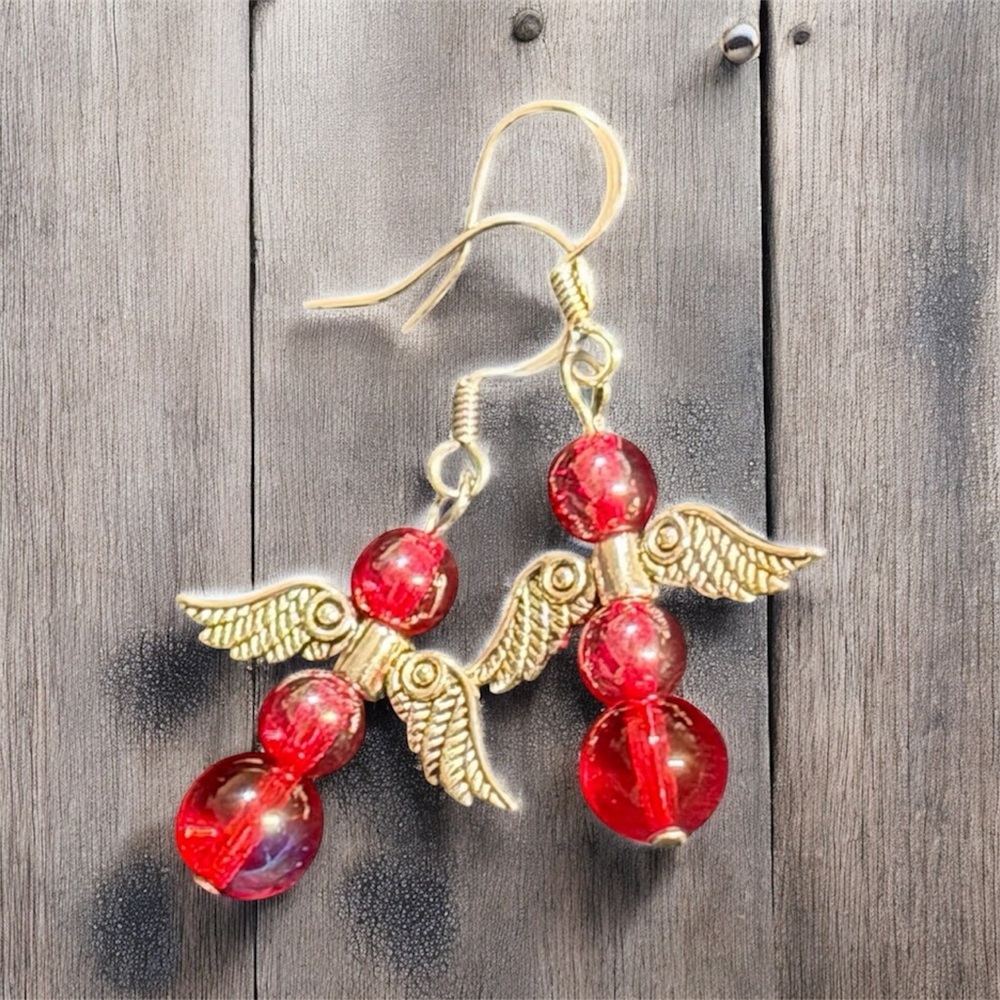 Handcrafted Red Angel Wing Earrings - Picture 5 of 13